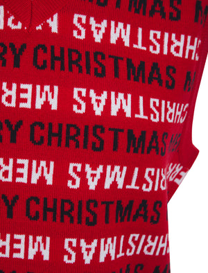 Men's Festives Novelty Motif Knitted V-Neck Sleeveless Christmas Tank Top in George Red - Merry Christmas