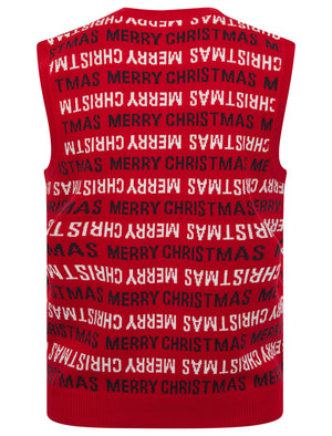 Men's Festives Novelty Motif Knitted V-Neck Sleeveless Christmas Tank Top in George Red - Merry Christmas