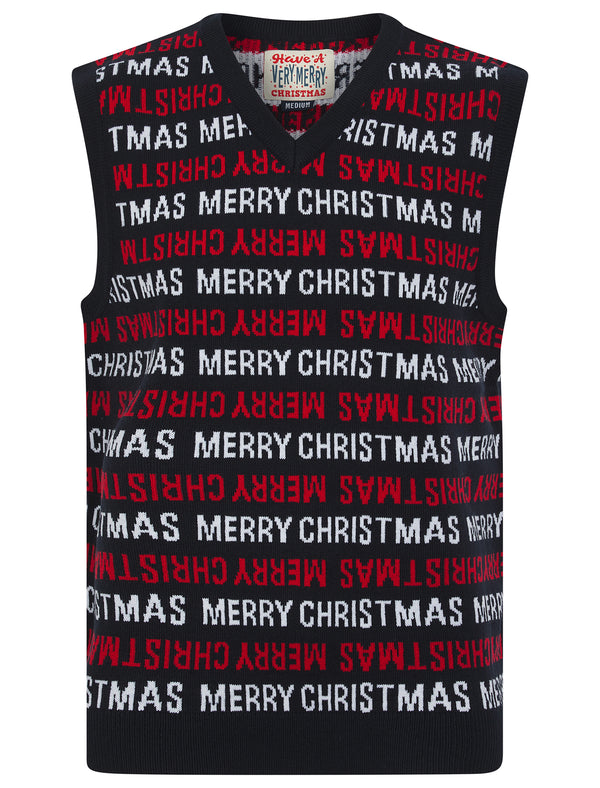 Men's Festives Novelty Motif Knitted V-Neck Sleeveless Christmas Tank Top in Ink - Merry Christmas