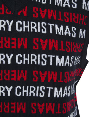 Men's Festives Novelty Motif Knitted V-Neck Sleeveless Christmas Tank Top in Ink - Merry Christmas