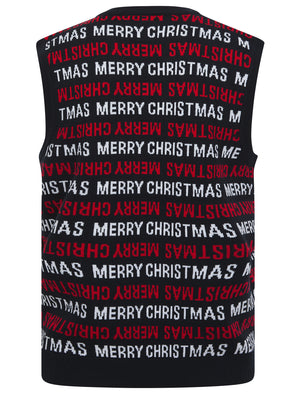 Men's Festives Novelty Motif Knitted V-Neck Sleeveless Christmas Tank Top in Ink - Merry Christmas