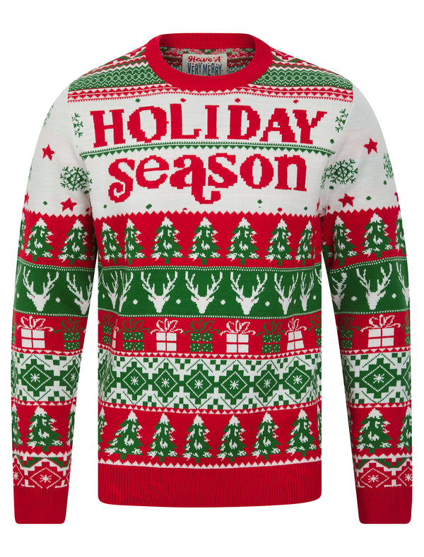 Men's Holiday Season Jacquard Nordic Fair Isle Christmas Jumper in George Red - Merry Christmas