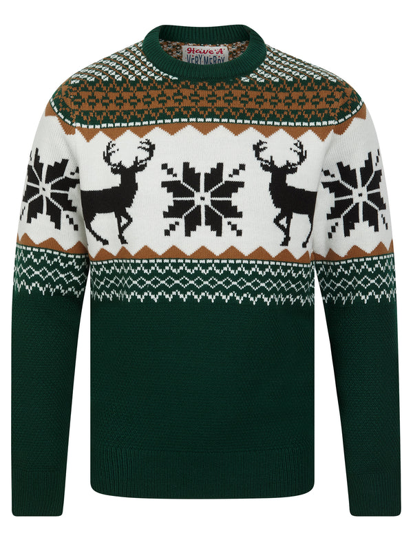 Men's Nordic Jacquard Fair Isle Festive Knitted Christmas Jumper in Holly Green - Merry Christmas