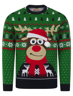 Men's Deer Motif Novelty 3D Pom Pom Design Knitted Christmas Jumper in Christmas Green - Merry Christmas