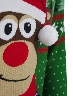 Men's Deer Motif Novelty 3D Pom Pom Design Knitted Christmas Jumper in Christmas Green - Merry Christmas
