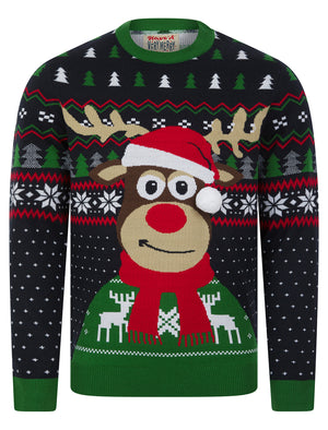 Men's Deer Motif Novelty 3D Pom Pom Design Knitted Christmas Jumper in Ink - Merry Christmas
