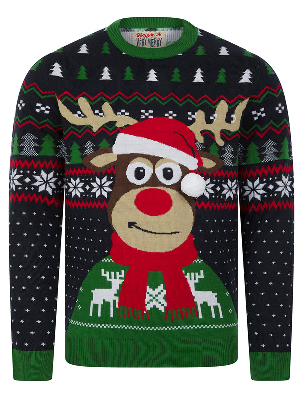 Men's Deer Motif Novelty 3D Pom Pom Design Knitted Christmas Jumper in Ink - Merry Christmas