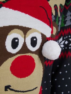 Men's Deer Motif Novelty 3D Pom Pom Design Knitted Christmas Jumper in Ink - Merry Christmas