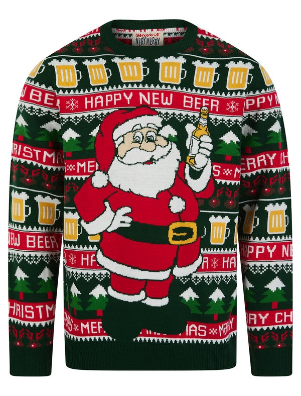 Men's Santa Beer Motif Novelty Knitted Christmas Jumper in Holly Green - Merry Christmas