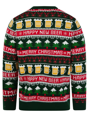 Men's Santa Beer Motif Novelty Knitted Christmas Jumper in Holly Green - Merry Christmas