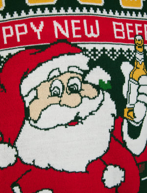 Men's Santa Beer Motif Novelty Knitted Christmas Jumper in Holly Green - Merry Christmas