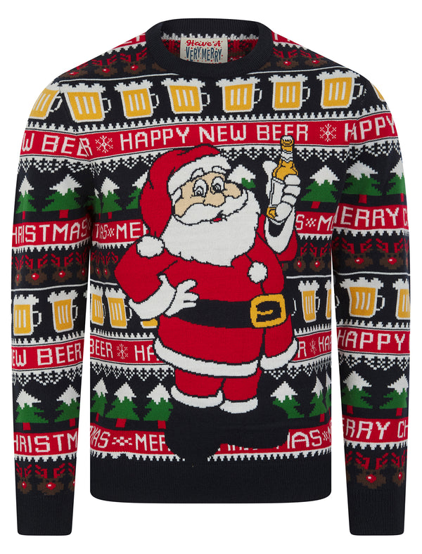 Men's Santa Beer Motif Novelty Knitted Christmas Jumper in Ink - Merry Christmas
