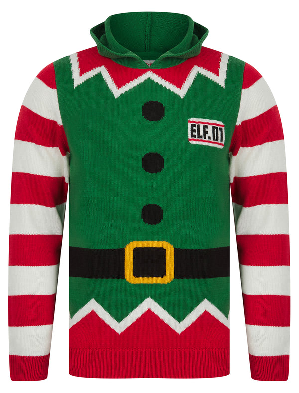 Men's  Elf Novelty Hooded Knitted Christmas Jumper in Christmas Green - Merry Christmas