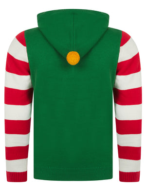 Men's  Elf Novelty Hooded Knitted Christmas Jumper in Christmas Green - Merry Christmas