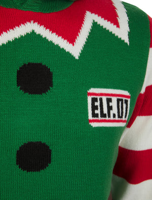 Men's  Elf Novelty Hooded Knitted Christmas Jumper in Christmas Green - Merry Christmas