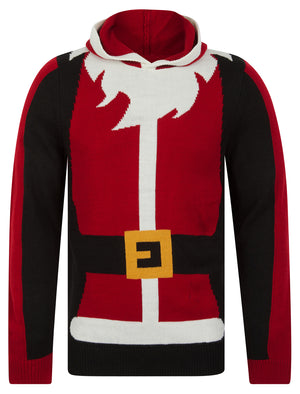 Men's  Santa Novelty Hooded Knitted Christmas Jumper in Christmas Red - Merry Christmas