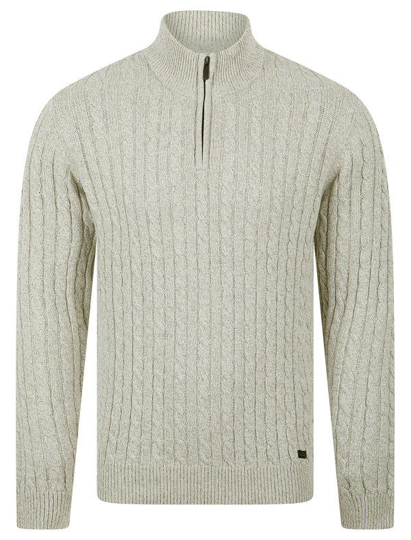 Darren Recycled Cotton Chunky Cable Knit Quarter Zip Funnel Neck Jumper in Grey / Ecru Twist - Tokyo Laundry