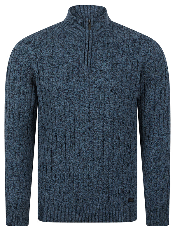 Darren Recycled Cotton Chunky Cable Knit Quarter Zip Funnel Neck Jumper in Denim Twist - Tokyo Laundry