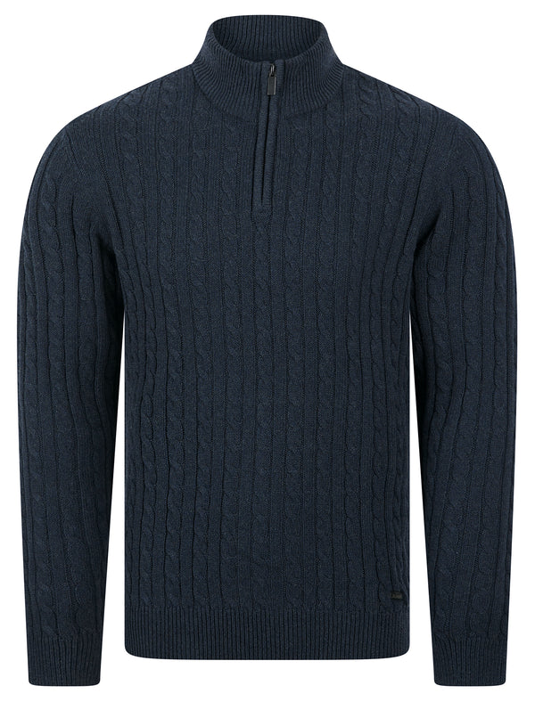 Darren Recycled Cotton Chunky Cable Knit Quarter Zip Funnel Neck Jumper in Navy Twist - Tokyo Laundry