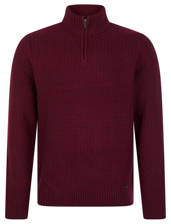 Casta Chunky Basket Stitch Knitted Quarter Zip Funnel Neck Jumper in Claret Twist - Tokyo Laundry