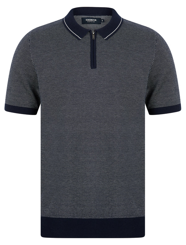 Cowper Textured Birds-Eye Weave Knitted Cotton Polo Shirt with Zip Fasten Collar in Evening Dusk - Kensington Eastside