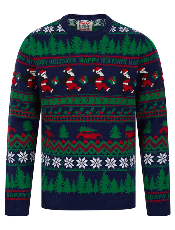 Men's Santa Present Nordic Fair Isle Style Novelty Knitted Christmas Jumper in French Navy - Merry Christmas
