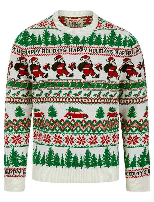 Men's Santa Present Nordic Fair Isle Style Novelty Knitted Christmas Jumper in Winter Cream - Merry Christmas