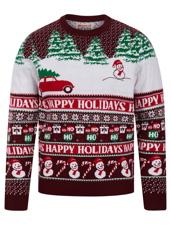 Men's Tree On Car Nordic Fair Isle Style Novelty Knitted Christmas Jumper in Claret - Merry Christmas