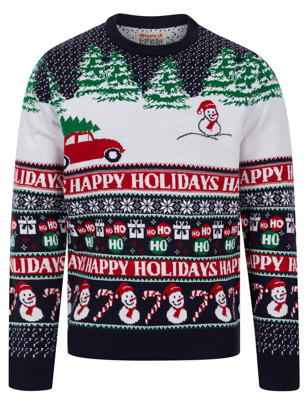 Men's Tree On Car Nordic Fair Isle Style Novelty Knitted Christmas Jumper in Ink - Merry Christmas