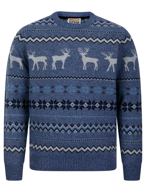 Men's Stag Wrap Nordic Fair Isle Style Novelty Knitted Christmas Jumper in Denim Twist - Merry Christmas