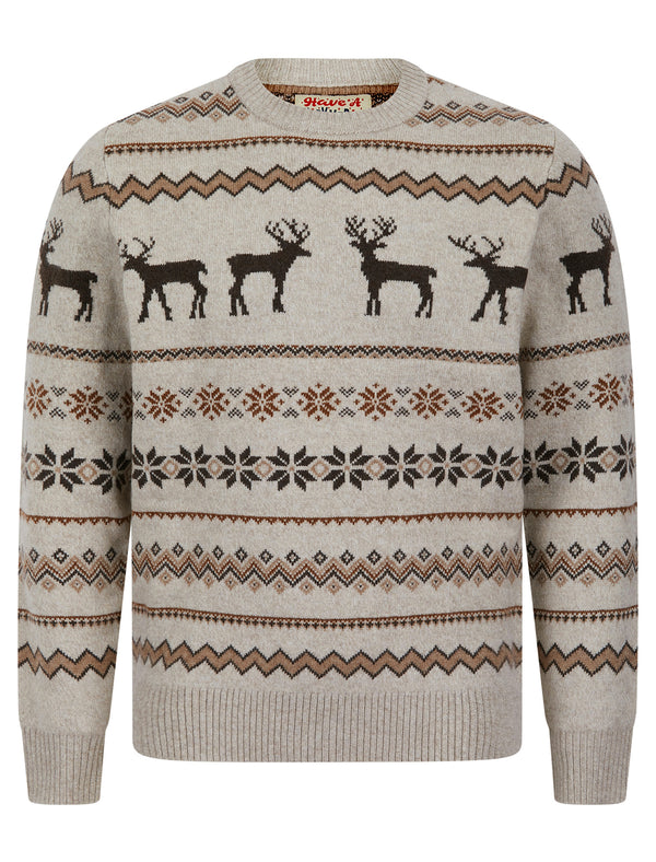 Men's Stag Wrap Nordic Fair Isle Style Novelty Knitted Christmas Jumper in Natural Twist - Merry Christmas