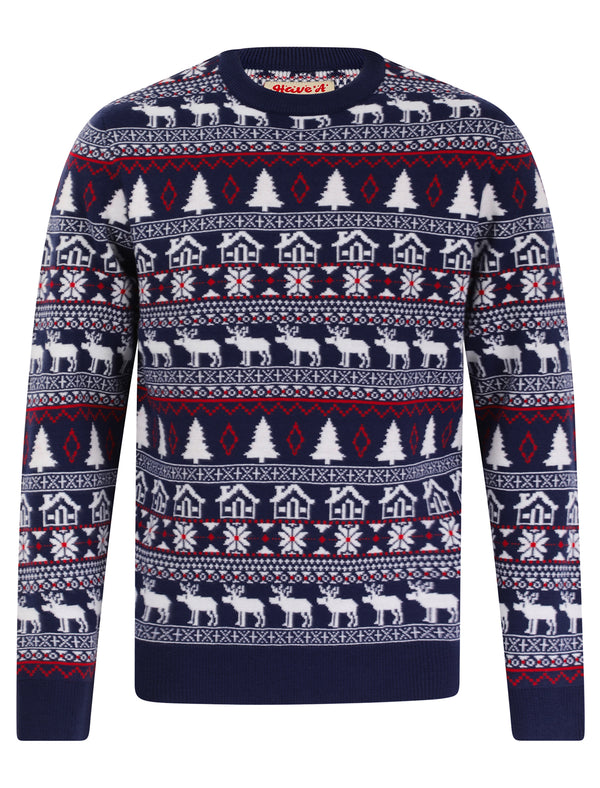 Men's Houses & Deer Nordic Fair Isle Style Novelty Knitted Christmas Jumper in French Navy - Merry Christmas
