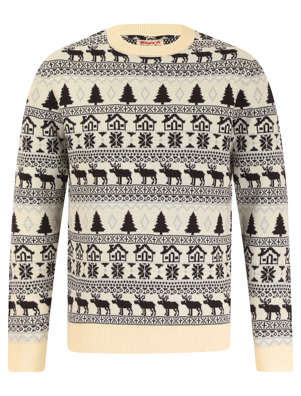 Men's Houses & Deer Nordic Fair Isle Style Novelty Knitted Christmas Jumper in White Swan - Merry Christmas