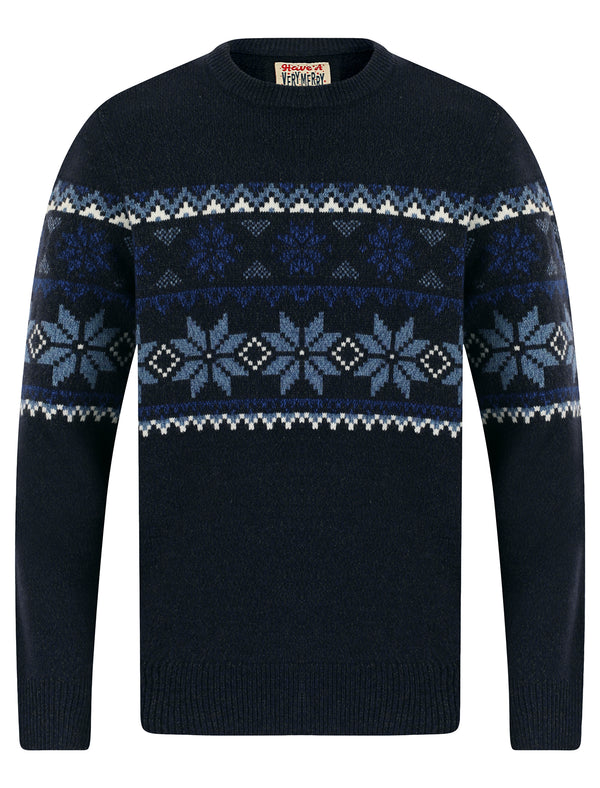 Men's Snowflake Wrap Nordic Fair Isle Style Novelty Knitted Christmas Jumper in Navy Twist - Merry Christmas