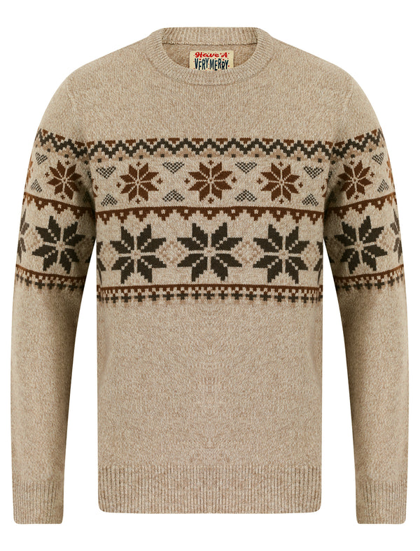 Men's Snowflake Wrap Nordic Fair Isle Style Novelty Knitted Christmas Jumper in Natural Twist - Merry Christmas
