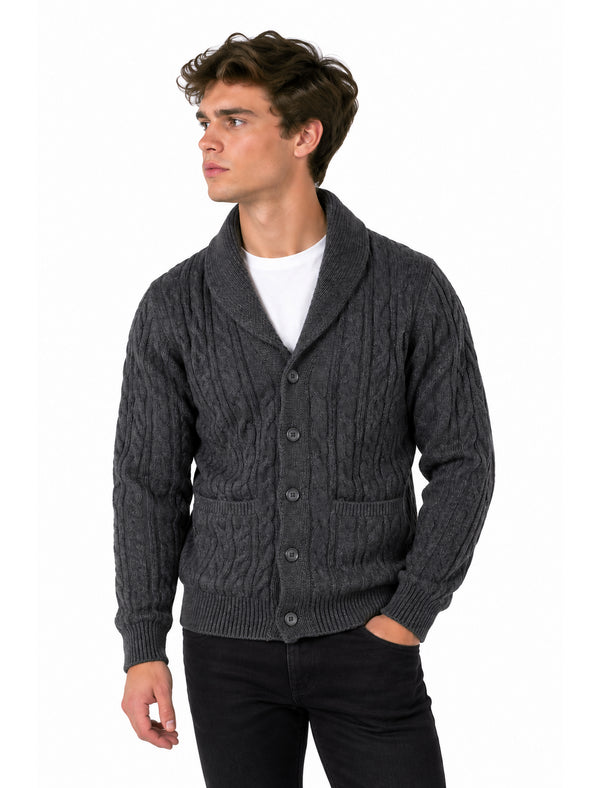 Manji 2 Chunky Cable Knitted Cardigan with Shawl Collar in Charcoal Marl - Tokyo Laundry