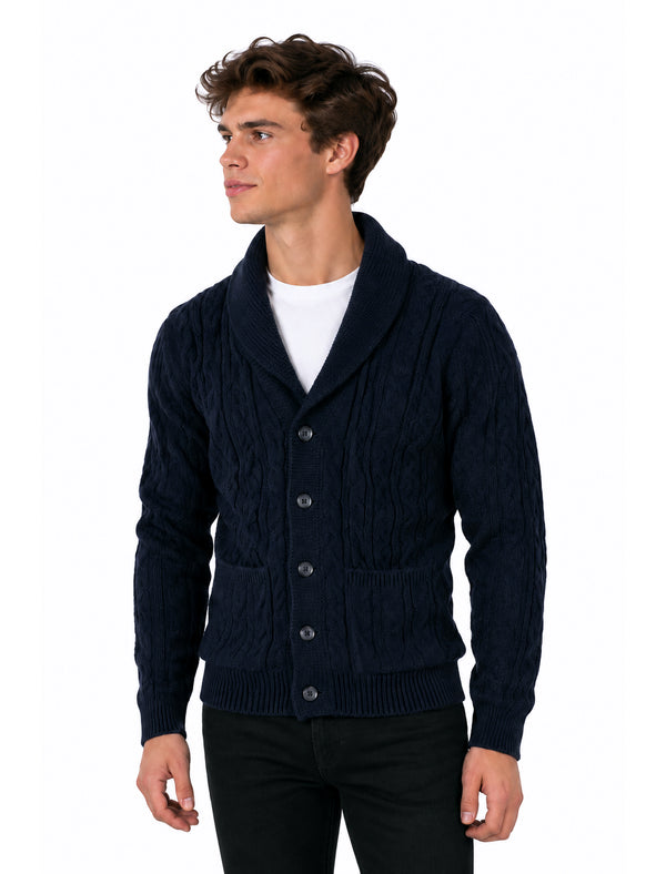 Manji 2 Chunky Cable Knitted Cardigan with Shawl Collar in Ink - Tokyo Laundry