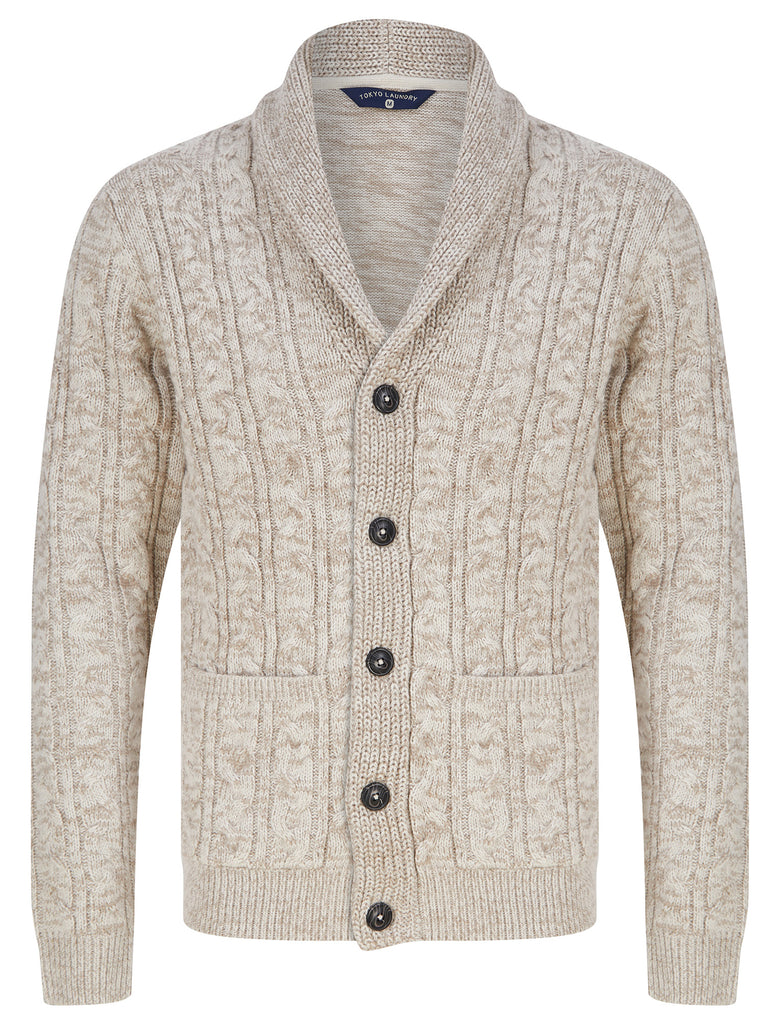 Manji 2 Chunky Cable Knitted Cardigan with Shawl Collar in Natural Twi ...