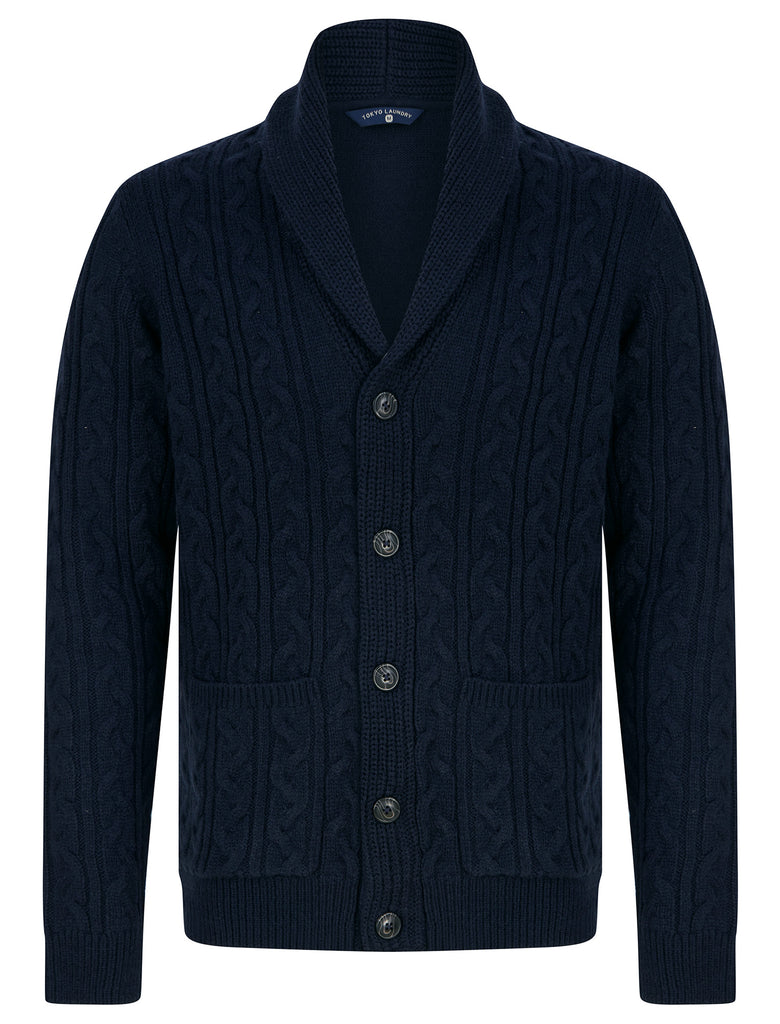 Manji 2 Chunky Cable Knitted Cardigan with Shawl Collar in Ink - Tokyo ...
