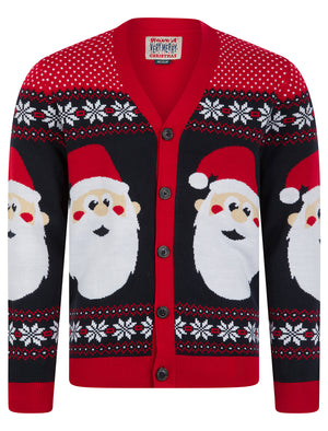 Men's Red Hat Festive Pattern Novelty Knitted Christmas Cardigan in George Red - Merry Christmas