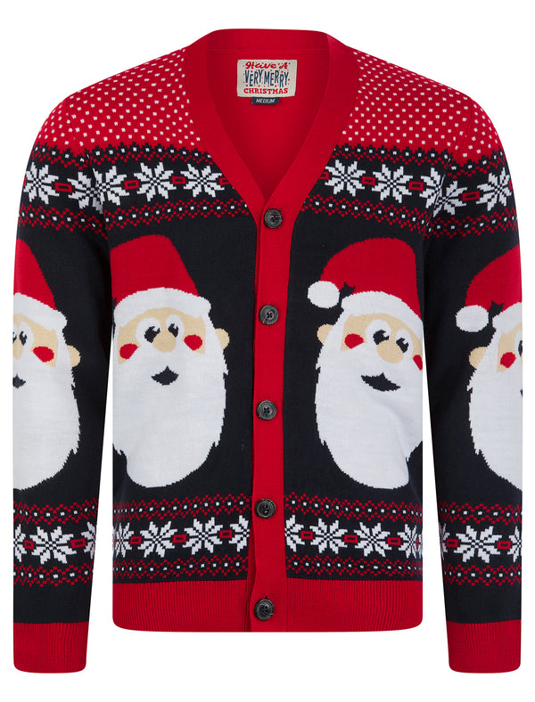 Men's Red Hat Festive Pattern Novelty Knitted Christmas Cardigan in George Red - Merry Christmas