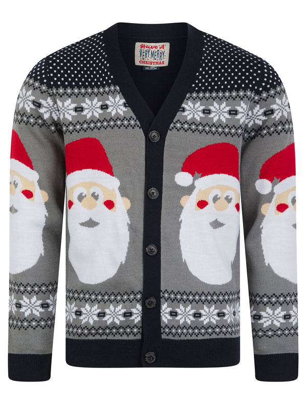 Men's Red Hat Festive Pattern Novelty Knitted Christmas Cardigan in Ink - Merry Christmas