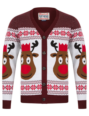 Men's Rudolphs Cardi Wallpaper Print Novelty Knitted Christmas Cardigan in Claret - Merry Christmas
