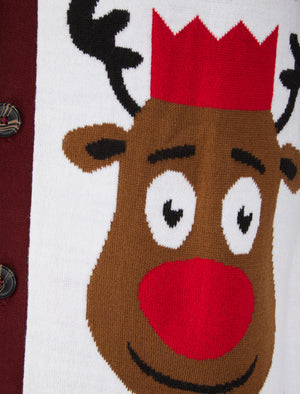 Men's Rudolphs Cardi Wallpaper Print Novelty Knitted Christmas Cardigan in Claret - Merry Christmas