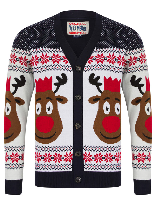 Men's Rudolphs Cardi Wallpaper Print Novelty Knitted Christmas Cardigan in Ink - Merry Christmas