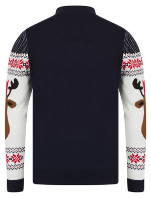 Men's Rudolphs Cardi Wallpaper Print Novelty Knitted Christmas Cardigan in Ink - Merry Christmas