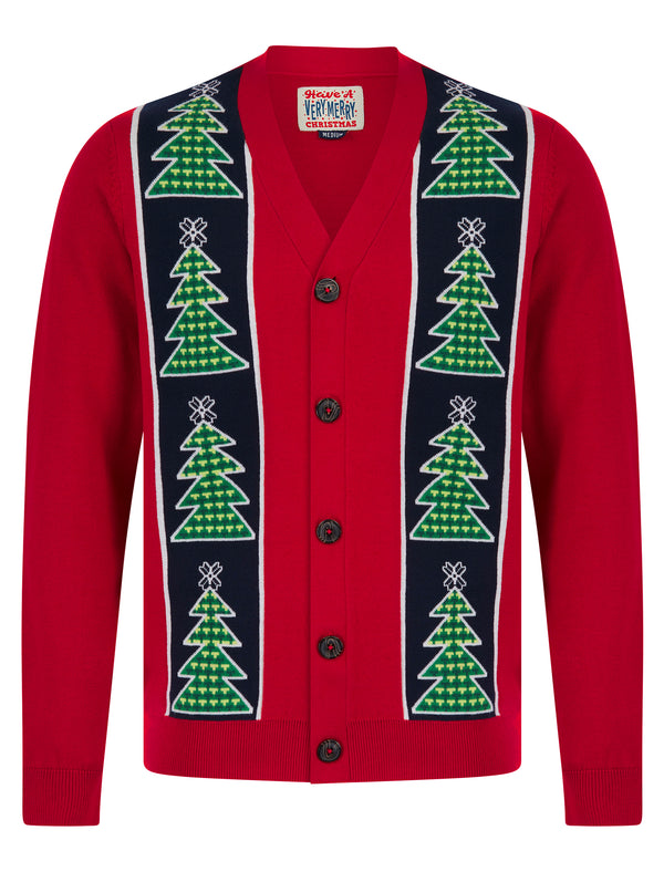 Men's Osier Christmas Tree Pattern Novelty Knitted Christmas Cardigan in George Red - Merry Christmas