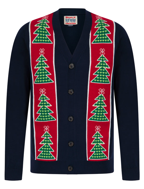 Men's Osier Christmas Tree Pattern Novelty Knitted Christmas Cardigan in Ink - Merry Christmas