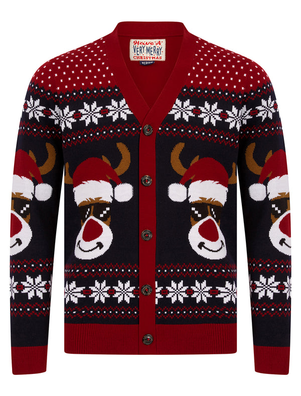 Men's Deer Festive Pattern Novelty Knitted Christmas Cardigan in Red - Merry Christmas