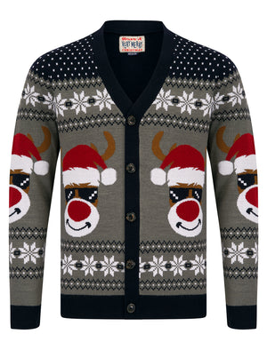 Men s Deer Festive Pattern Novelty Knitted Christmas Cardigan in Ink Tokyo Laundry